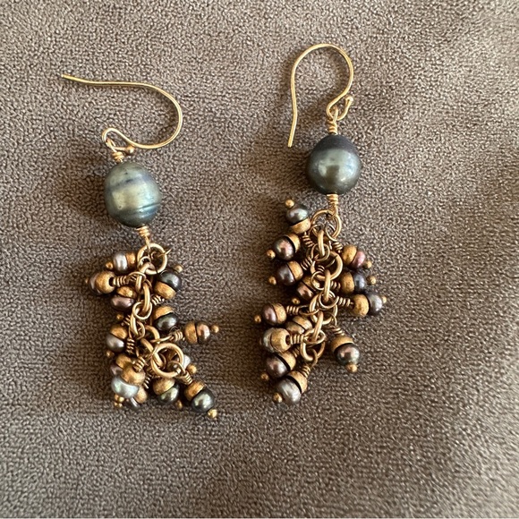 Boho Cluster Dangle Earrings Mixed Metal Bronze Pearl Gypsy Ocean Drop Chic - Picture 1 of 3